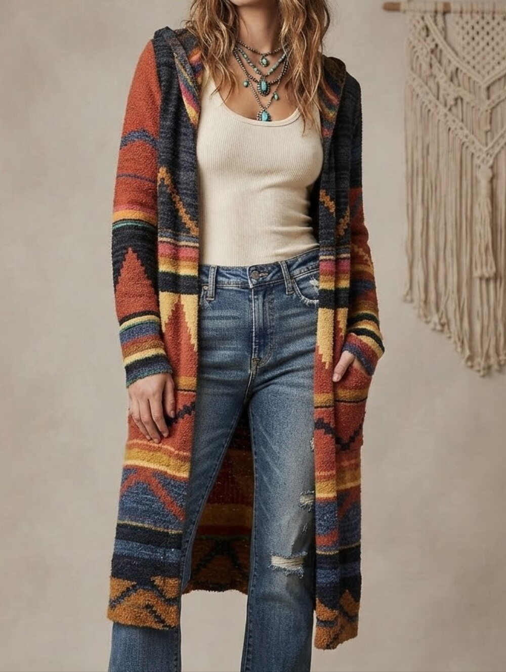 Long Open-Front Multicolor Geometric Southwestern Cardigan